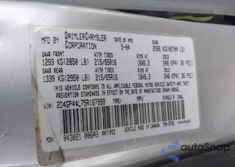 2005 Dodge Grand Caravan Sxt z USA, uszkodzony, nr VIN 2D4GP44L75R187999